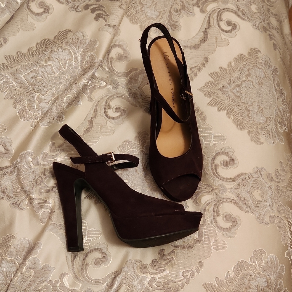 LC Lauren Conrad Brown Heels with Peep-Toe Design and Thick High Heel